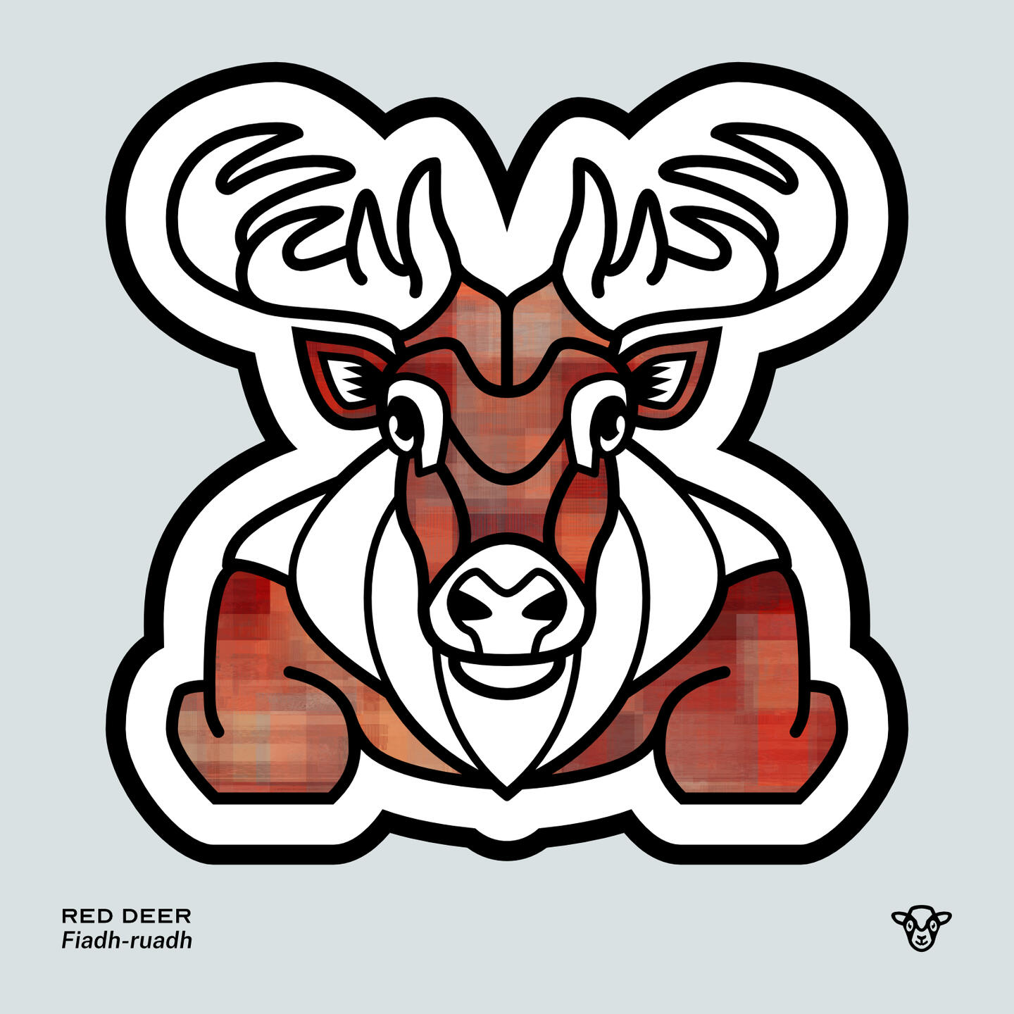Stylised vector illustration of a Red Deer with a red and brown checker texture facing towards the viewer, English text: Red Deer, Scottish Gaelic text: Fiadh-ruadh ©Clastic Artistic