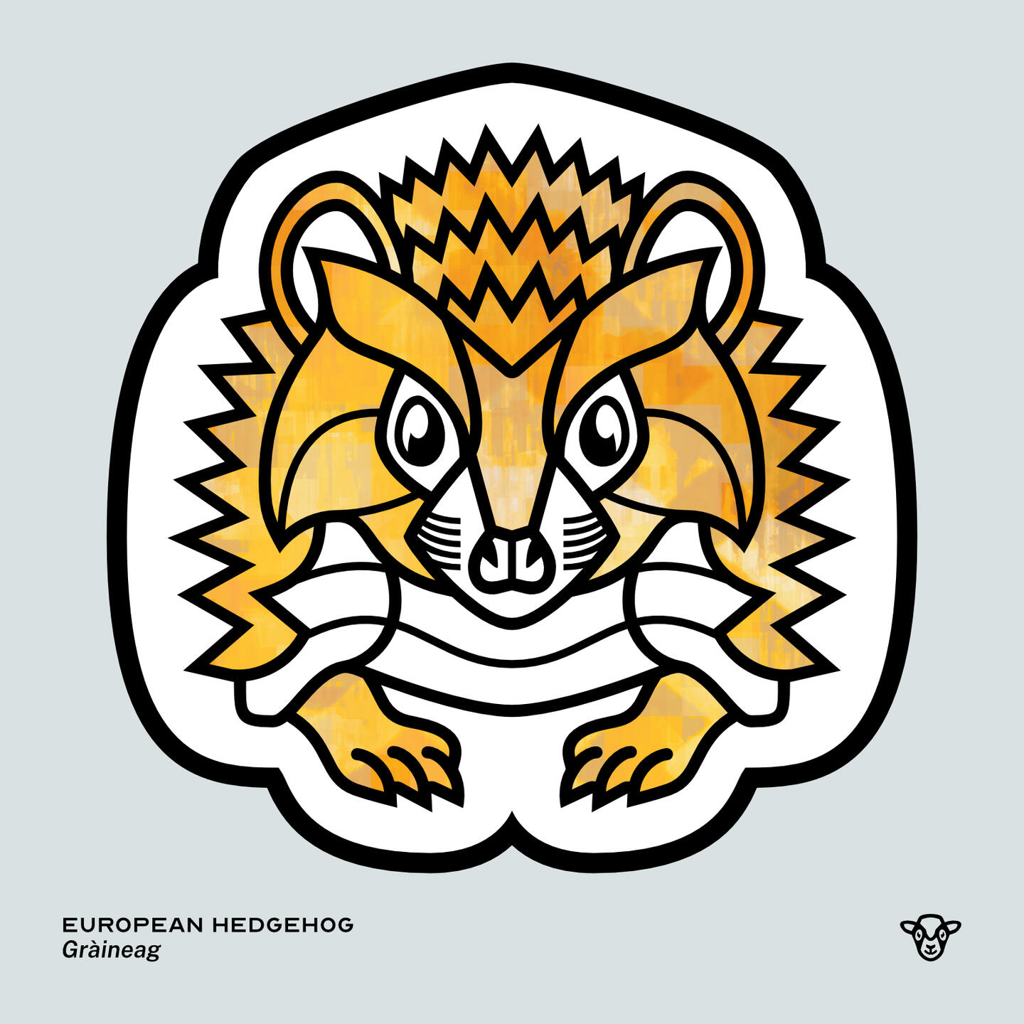 Stylised vector illustration of a European Hedgehog with a yellow and gold slab texture facing towards the viewer, English text: European Hedgehog, Scottish Gaelic text: Gràineag ©Clastic Artistic