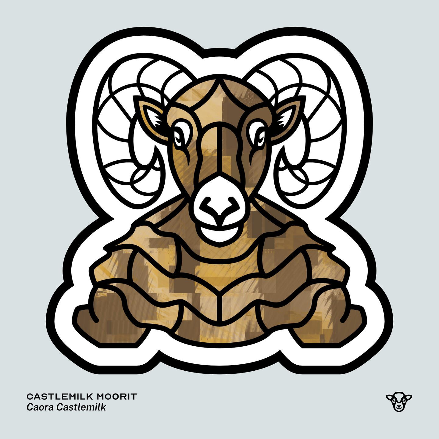 Stylised vector illustration of a Castlemilk Moorit (Sheep) with an ochre and brown blocky texture facing towards the viewer, English text: Castlemilk Moorit, Scottish Gaelic text: Caora Castlemilk ©Clastic Artistic