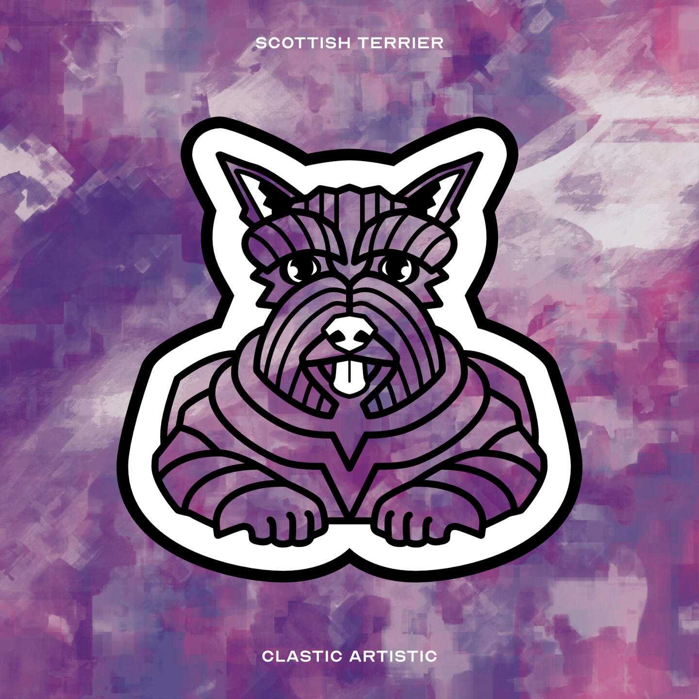 Stylised vector illustration of a Scottish Terrier (Dog) with an violet and lilac rough texture facing towards the viewer