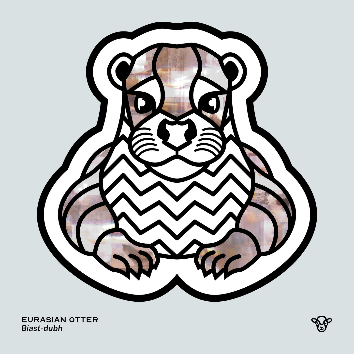 Stylised vector illustration of a Eurasian Otter with an brown and grey marble texture facing towards the viewer, English text: Eurasian Otter, Scottish Gaelic text: Biast-dubh ©Clastic Artistic
