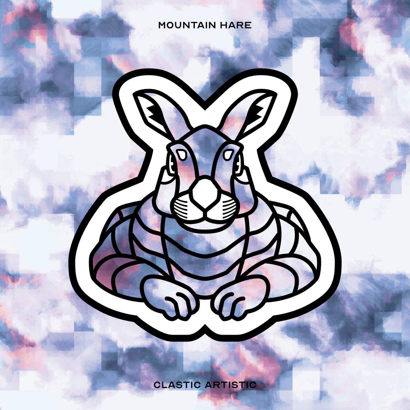 Stylised vector illustration of a Mountain Hare with a blue and copper snow texture facing towards the viewer