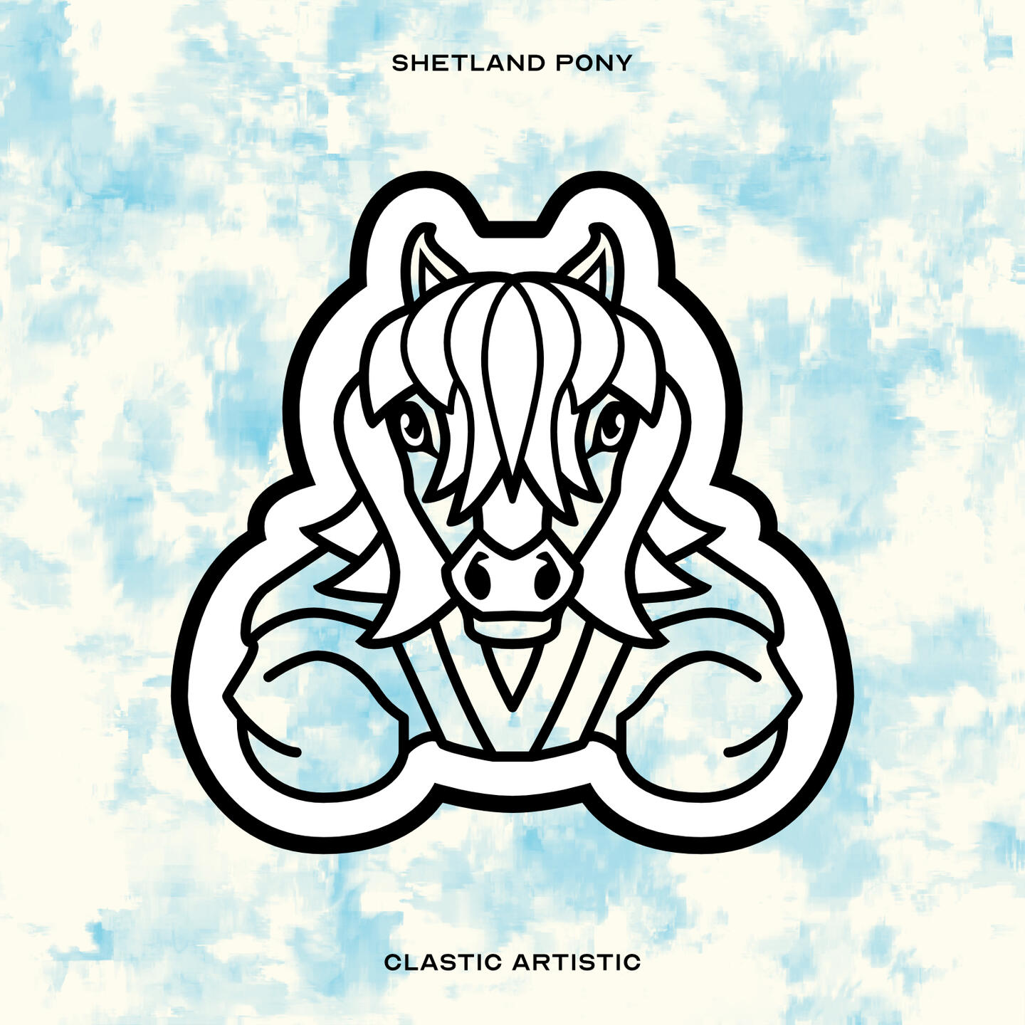 Stylised vector illustration of a Shetland Pony (Horse) with a blue and cream cloud texture facing towards the viewer