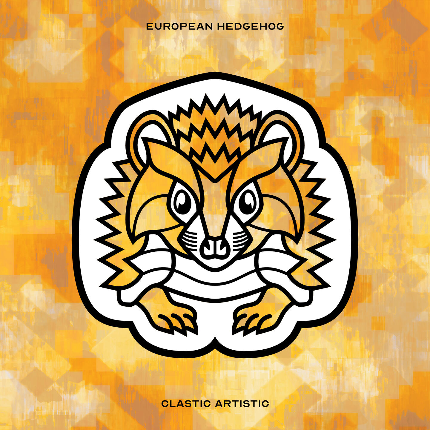 Stylised vector illustration of a European Hedgehog with a yellow and gold slab texture facing towards the viewer