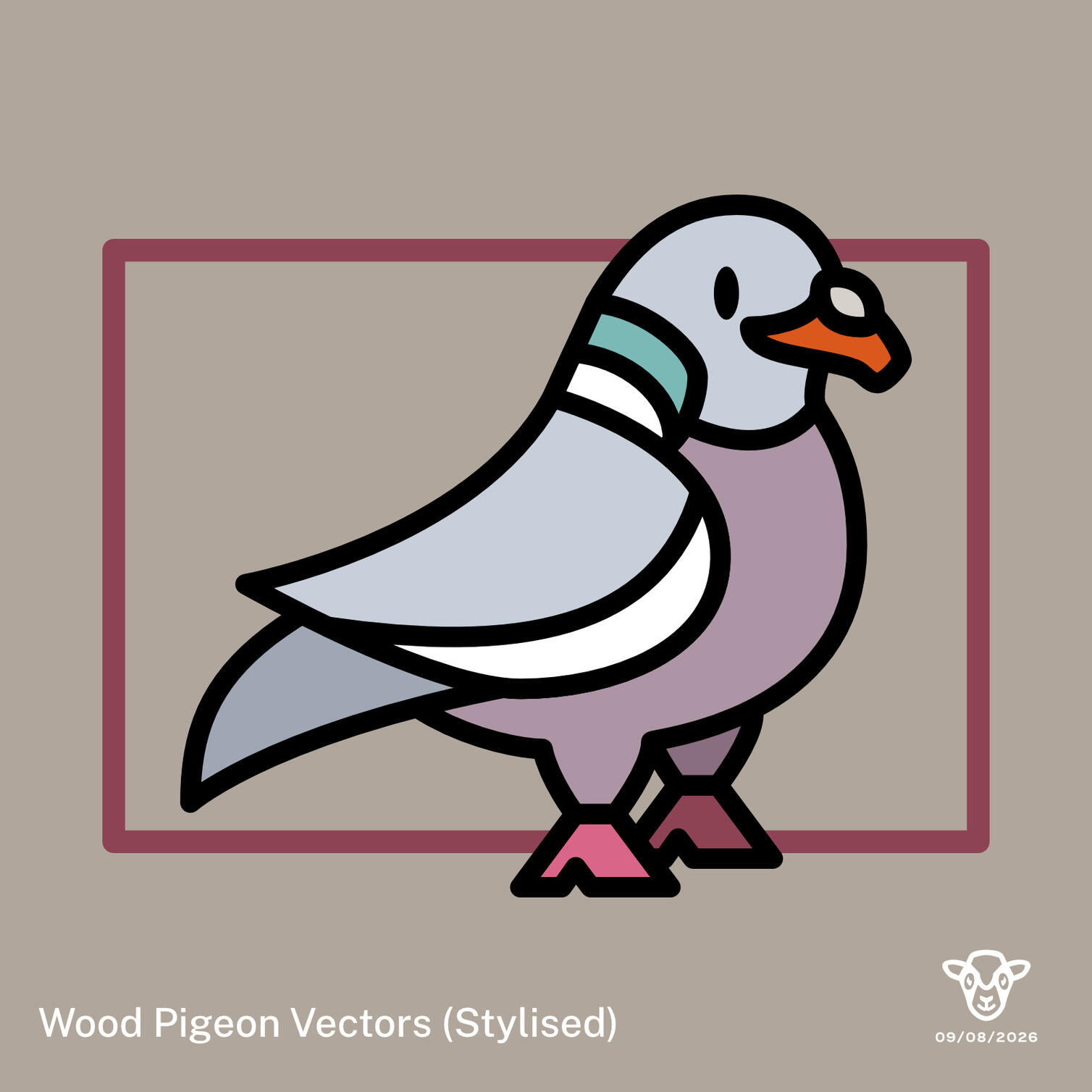 Image: A stylised wood pigeon illustration against a warm background with a burgundy rectangle, Text: Wood Pigeon Vectors (Stylised) 09.08.2026. ©Clastic Artistic