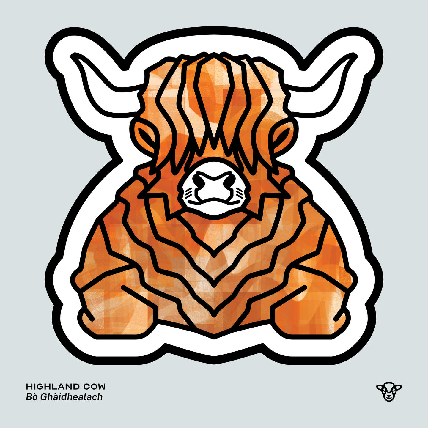 Stylised vector illustration of a Highland Cattle (Cow/Bull) with an orange and cream liquid texture facing towards the viewer, English text: Highland Cow, Scottish Gaelic text: Bò Ghàidhealach ©Clastic Artistic