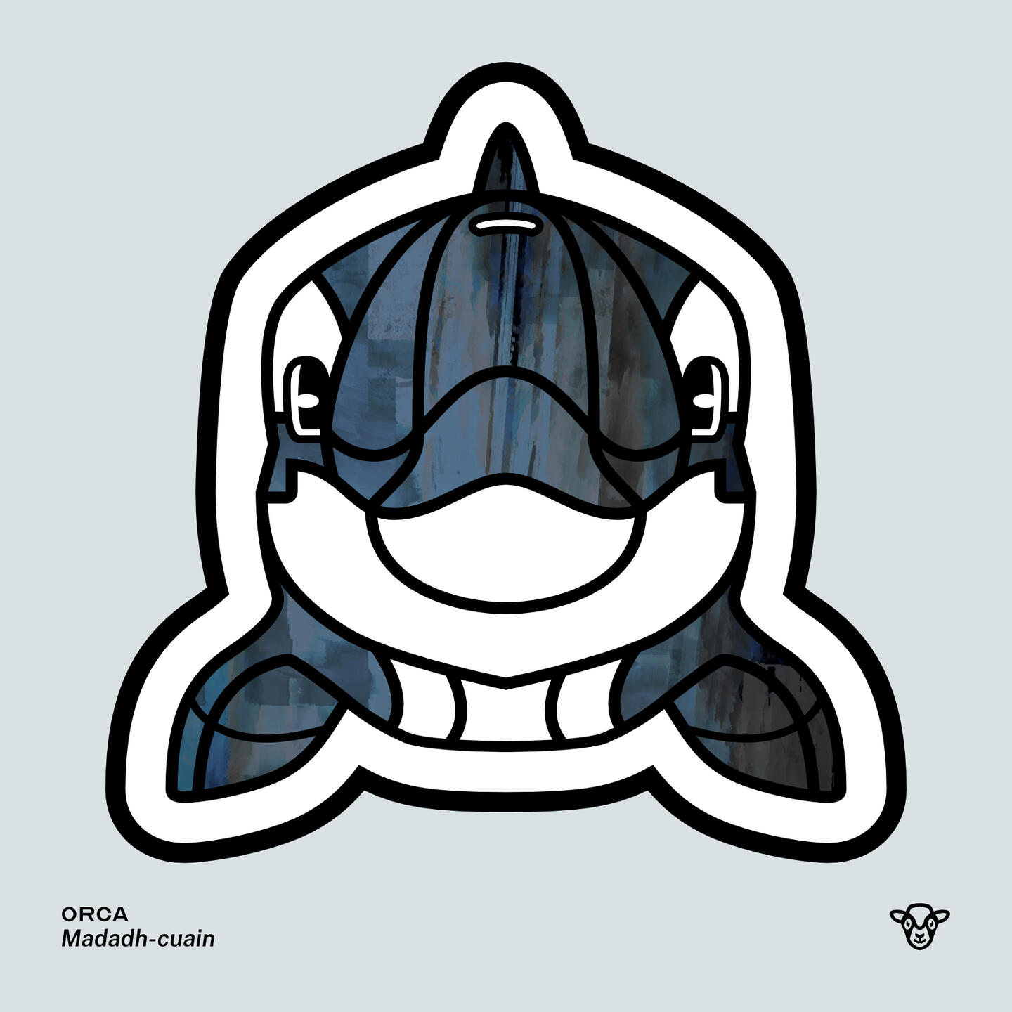 Stylised vector illustration of an Orca with a blue and black underwater texture facing towards the viewer, English text: Orca, Scottish Gaelic text: Madadh-cuain ©Clastic Artistic