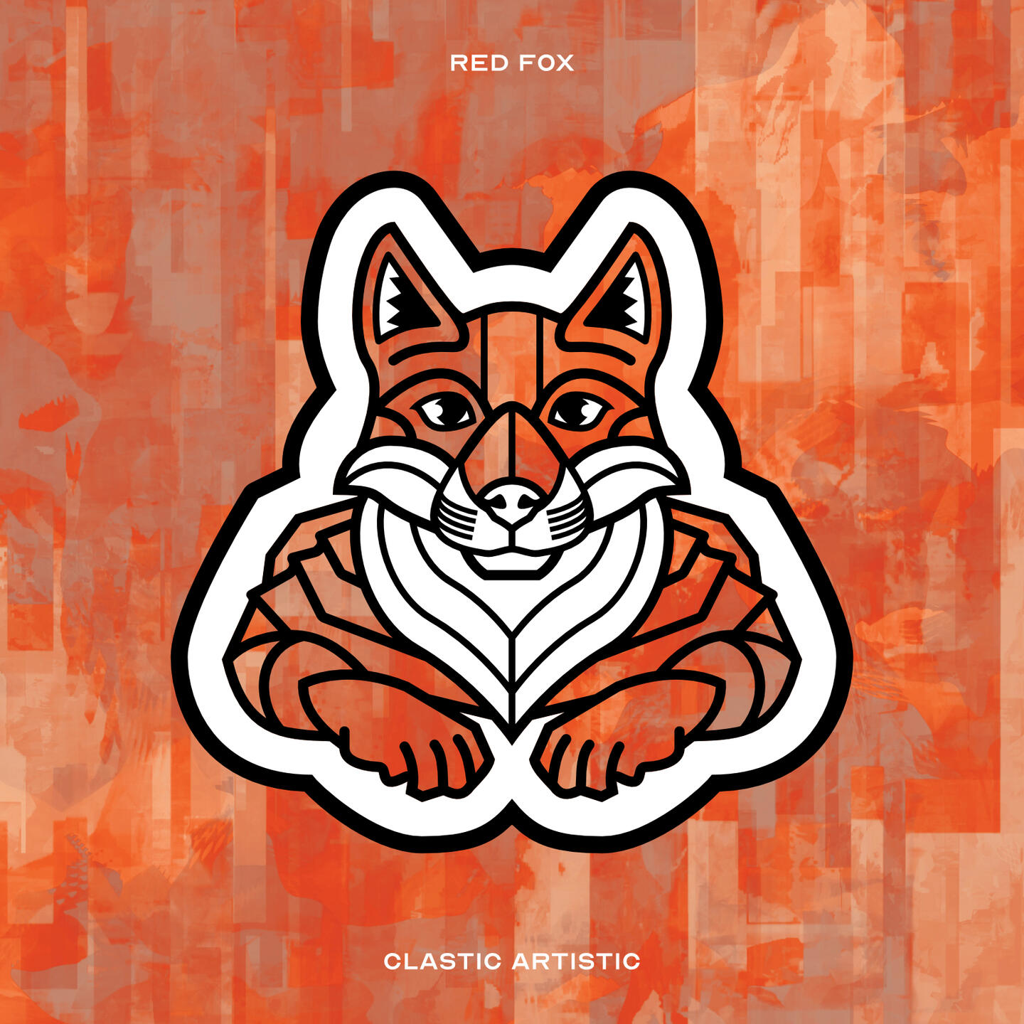 Stylised vector illustration of a Red Fox with an red and grey painterly texture facing towards the viewer