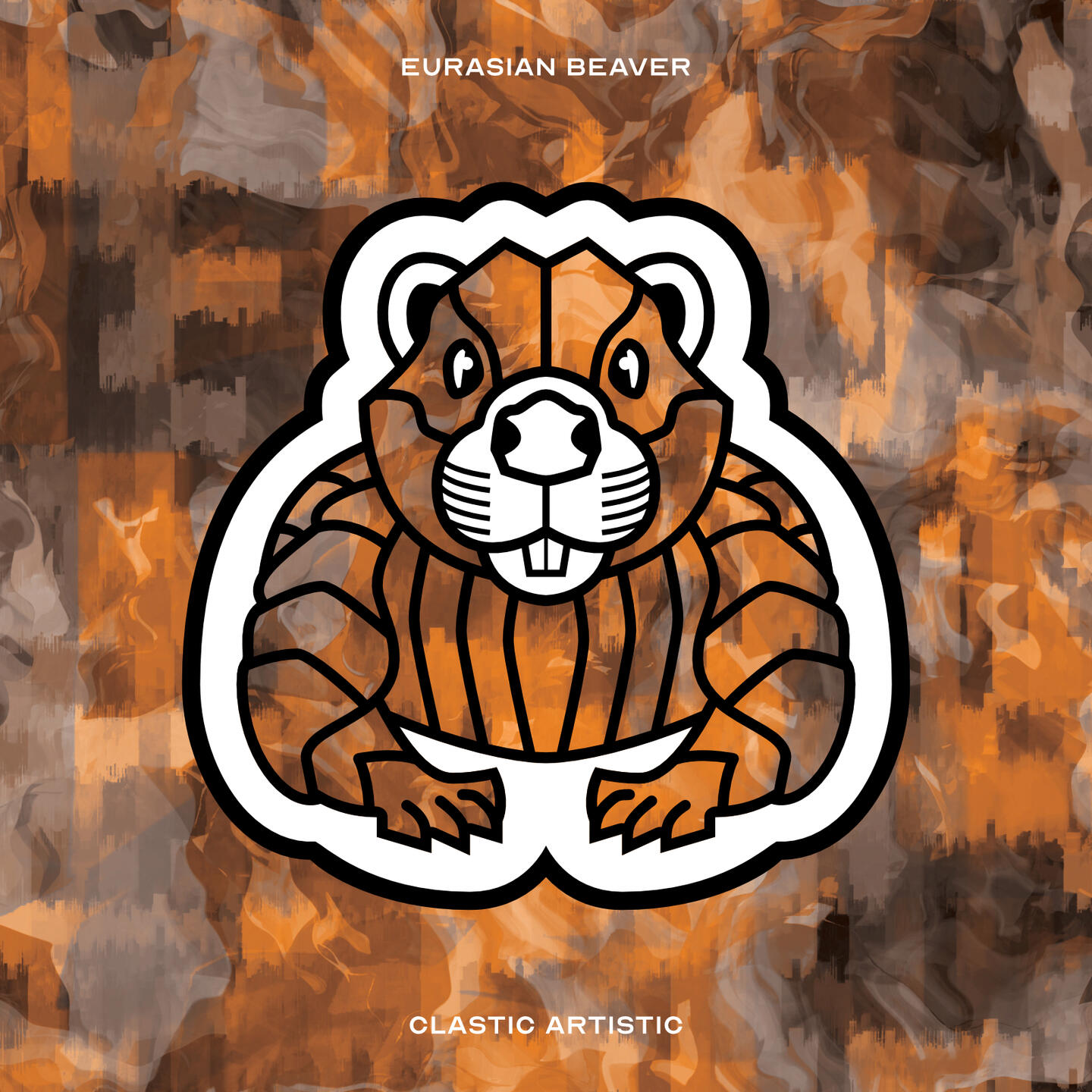 Stylised vector illustration of a Eurasian Beaver with an orange and brown smoky texture facing towards the viewer
