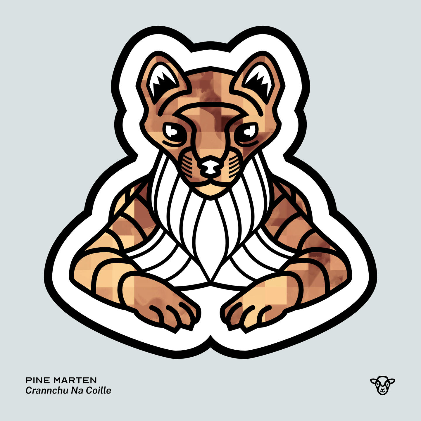 Stylised vector illustration of a Pine Marten with a tan and brown pixel texture facing towards the viewer, English text: Pine Marten, Scottish Gaelic text: Crannchu Na Coille ©Clastic Artistic