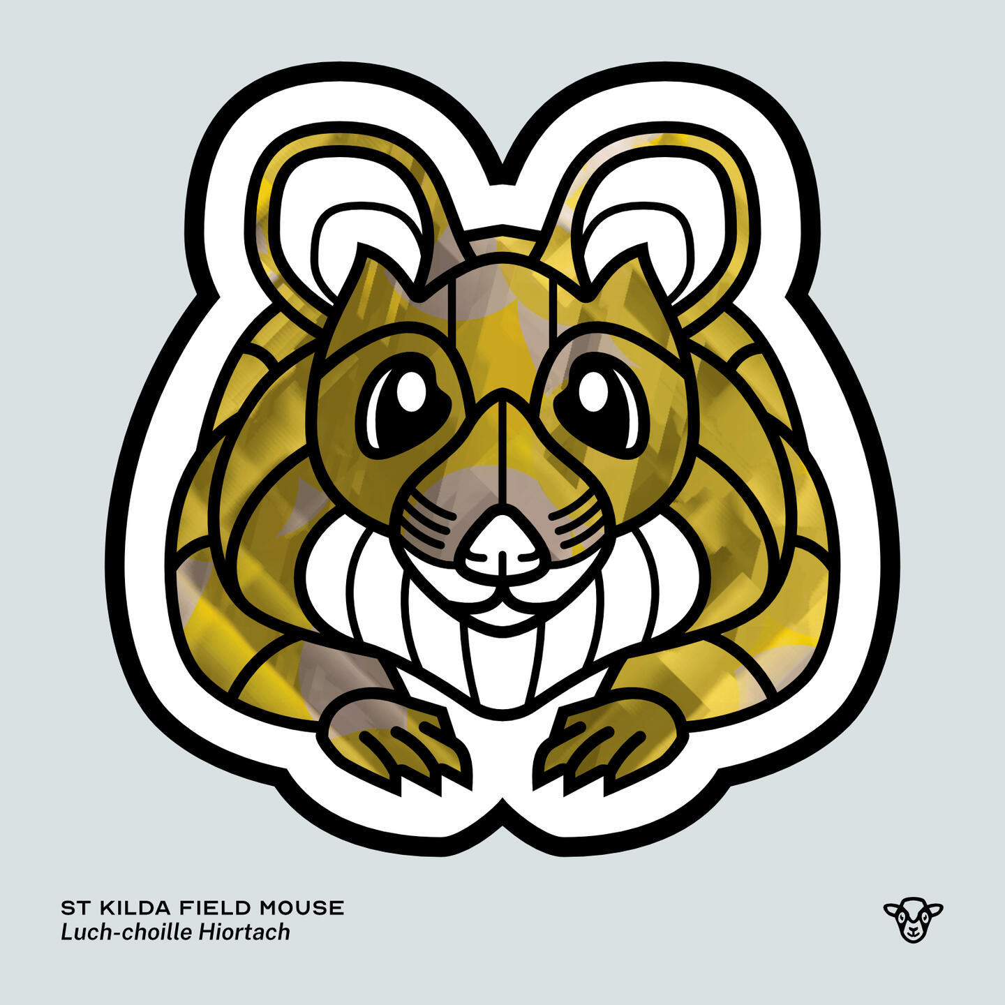 Stylised vector illustration of a St Kilda Field Mouse with a yellow and grey underwater texture facing towards the viewer, English text: St Kilda Field Mouse, Scottish Gaelic text: Luch-choille Hiortach ©Clastic Artistic