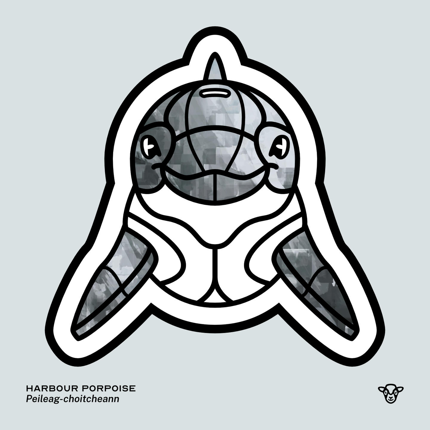 Stylised vector illustration of a Harbour Porpoise (Cetacean) with a black and grey splash texture facing towards the viewer, English text: Harbour Porpoise, Scottish Gaelic text: Peileag-choitcheann ©Clastic Artistic