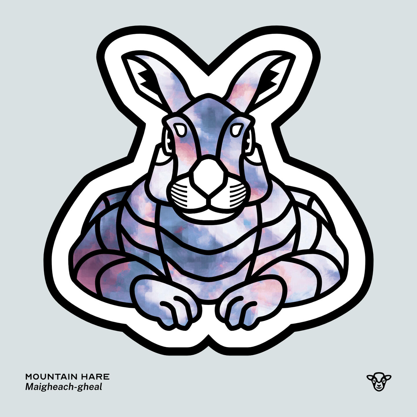 Stylised vector illustration of a Mountain Hare with a blue and copper snow texture facing towards the viewer, English text: Mountain Hare, Scottish Gaelic text: Maigheach-gheal ©Clastic Artistic