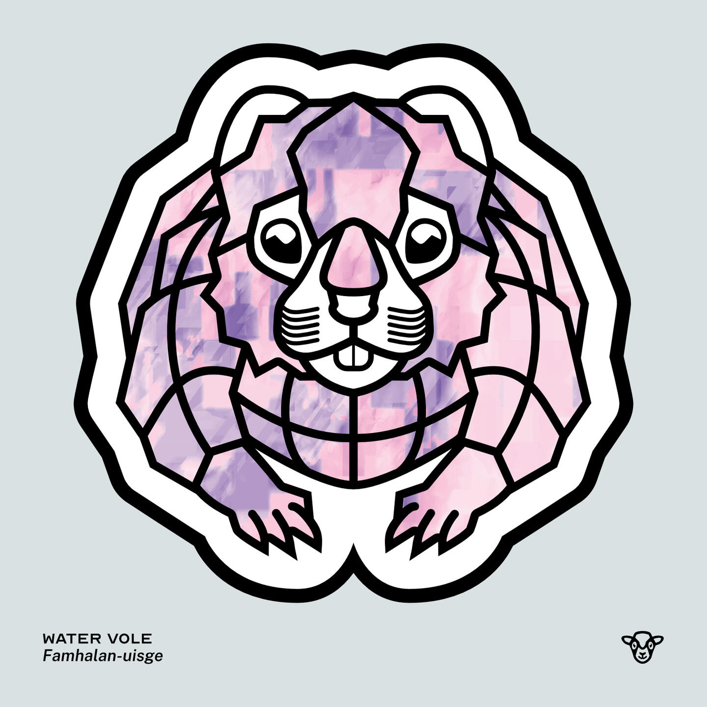Stylised vector illustration of a Water Vole with a pink and lilac rock texture facing towards the viewer, English text: Water Vole, Scottish Gaelic text: Famhalan-uisge ©Clastic Artistic