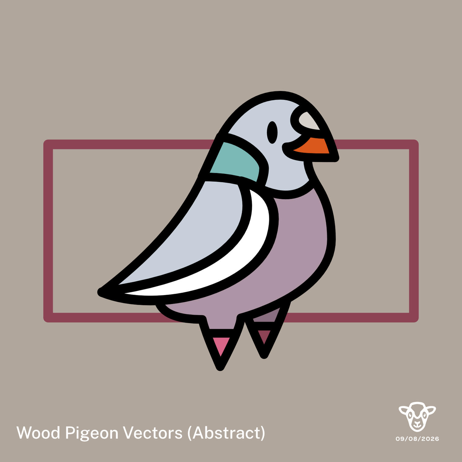 Image: An abstracted wood pigeon illustration against a warm background with a burgundy rectangle, Text: Wood Pigeon Vectors (Abstract) 09.08.2026. ©Clastic Artistic