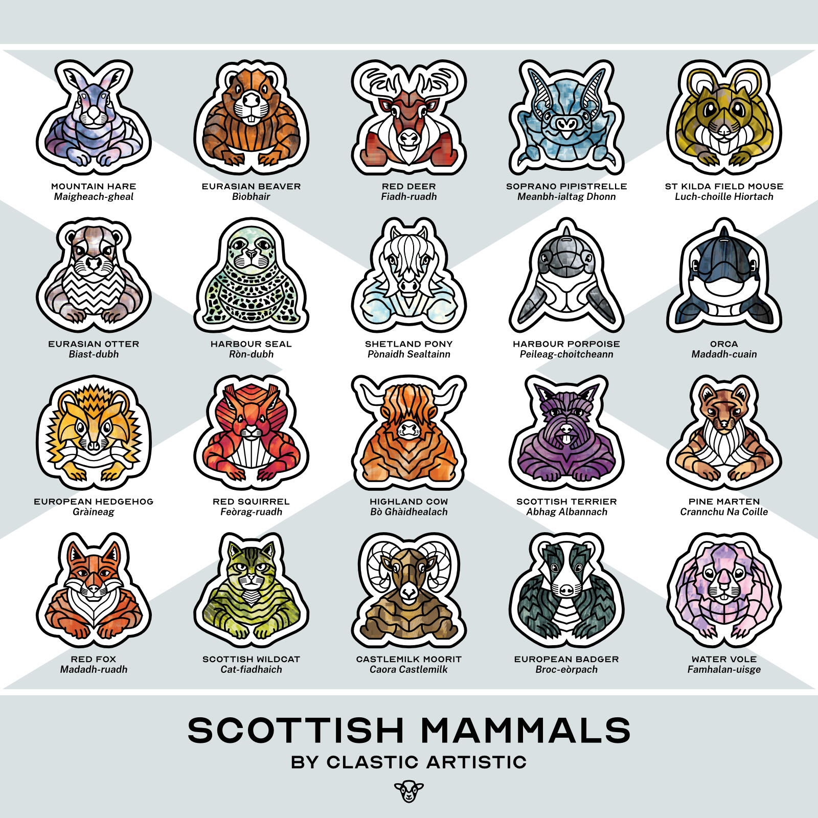 Image: All twenty Scottish Mammal illustrations by Clastic Artistic together with a white saltire behind them. Mammal names are in English and Scottish Gaelic (Gàidhlig). ©Clastic Artistic