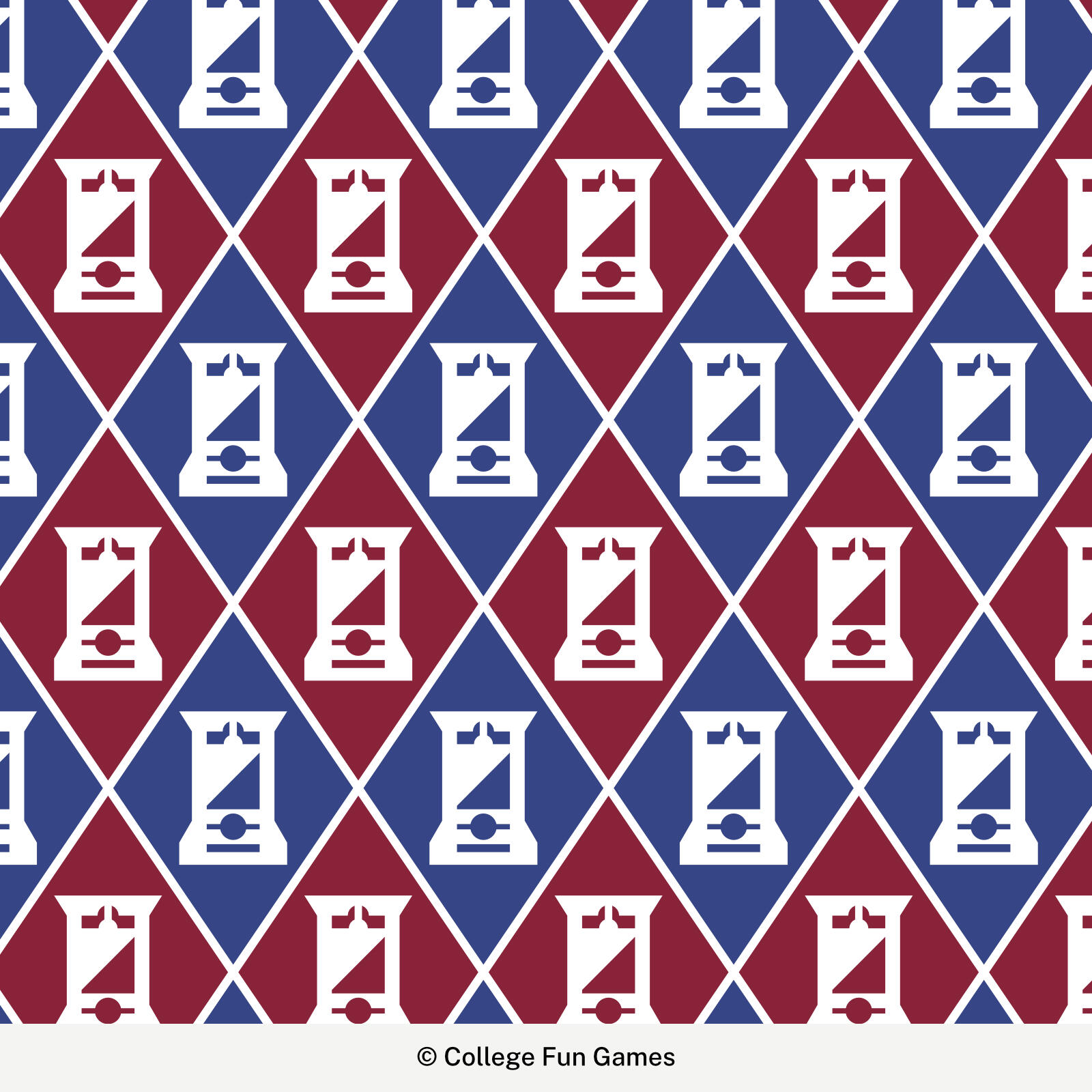 Image: A blue and red guillotine pattern from the Heads Off! card game. Text: College Fun Games ©College Fun Games