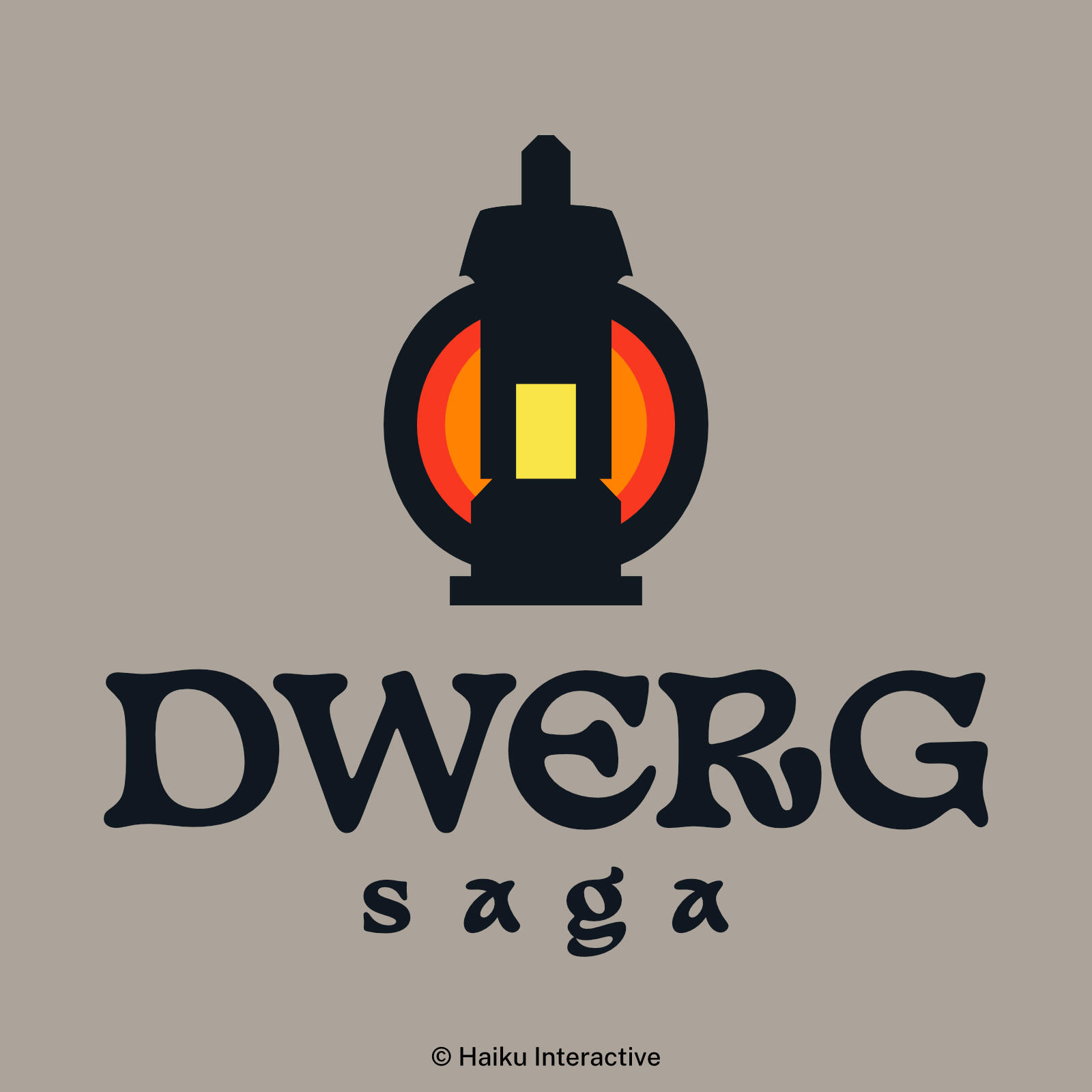 Image: A lantern with a shape similar to the house, Text: Dwerg Saga. ©Haiku Interactive