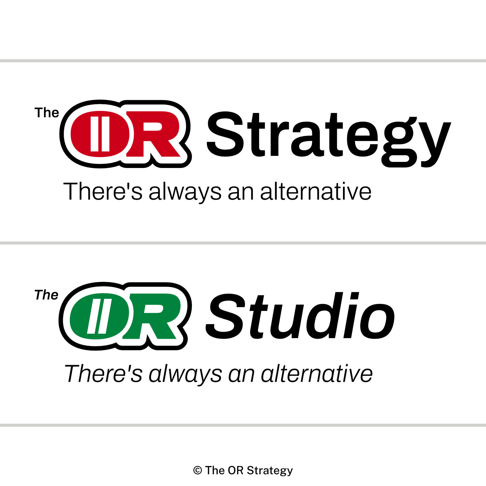 Images: Top: The OR Strategy logo (Red Monogram), Bottom: The OR Studio logo (Green Monogram). ©The OR Strategy