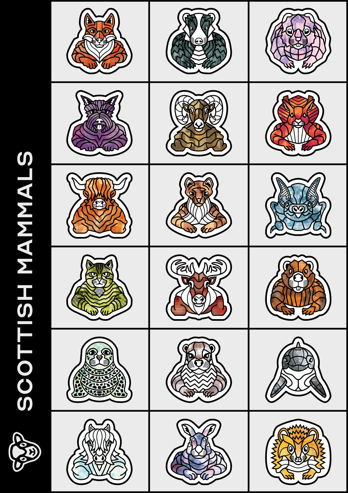 All eighteen Scottish Mammal texture versions ©Clastic Artistic