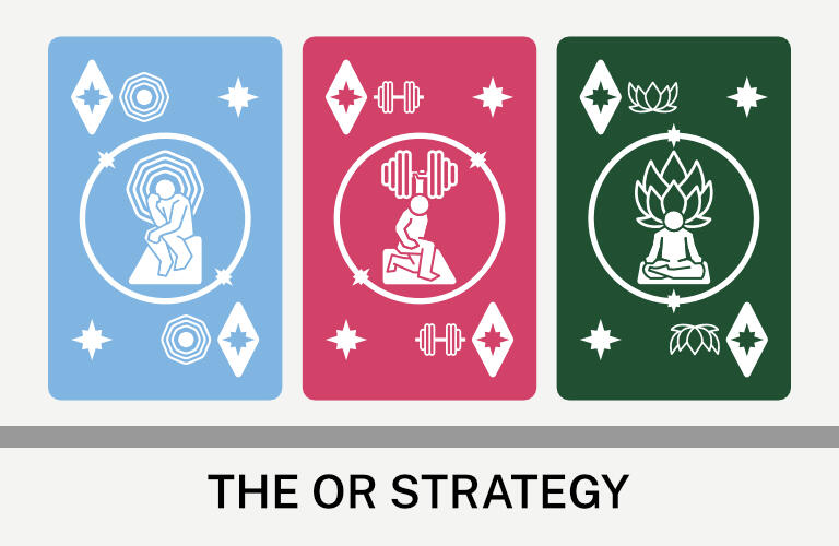 Images: A blue card, a red card and a green card from the Ready to Roleplay card game. Text: The OR Strategy. ©The OR Strategy