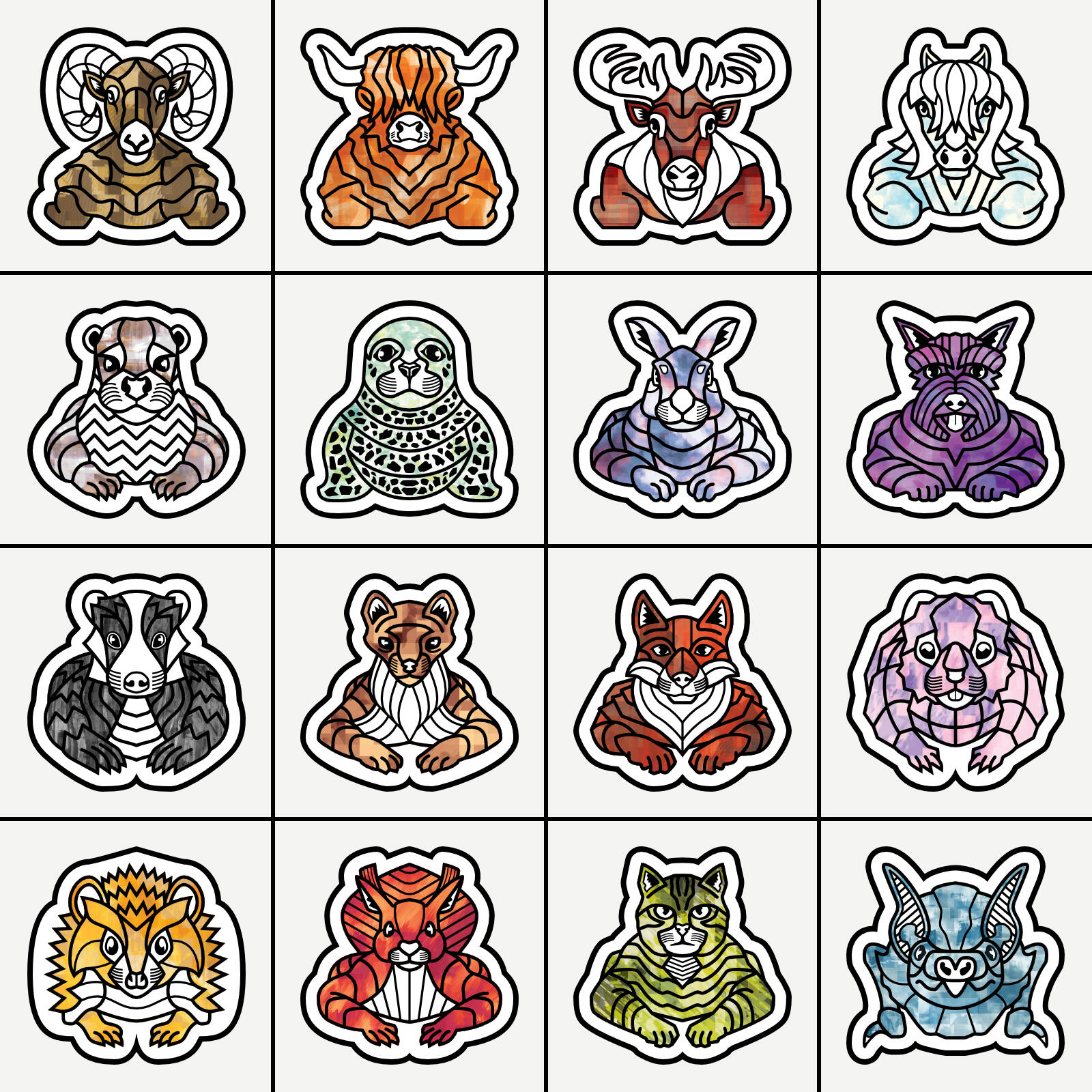 All sixteen Scottish Mammal texture versions ©Clastic Artistic
