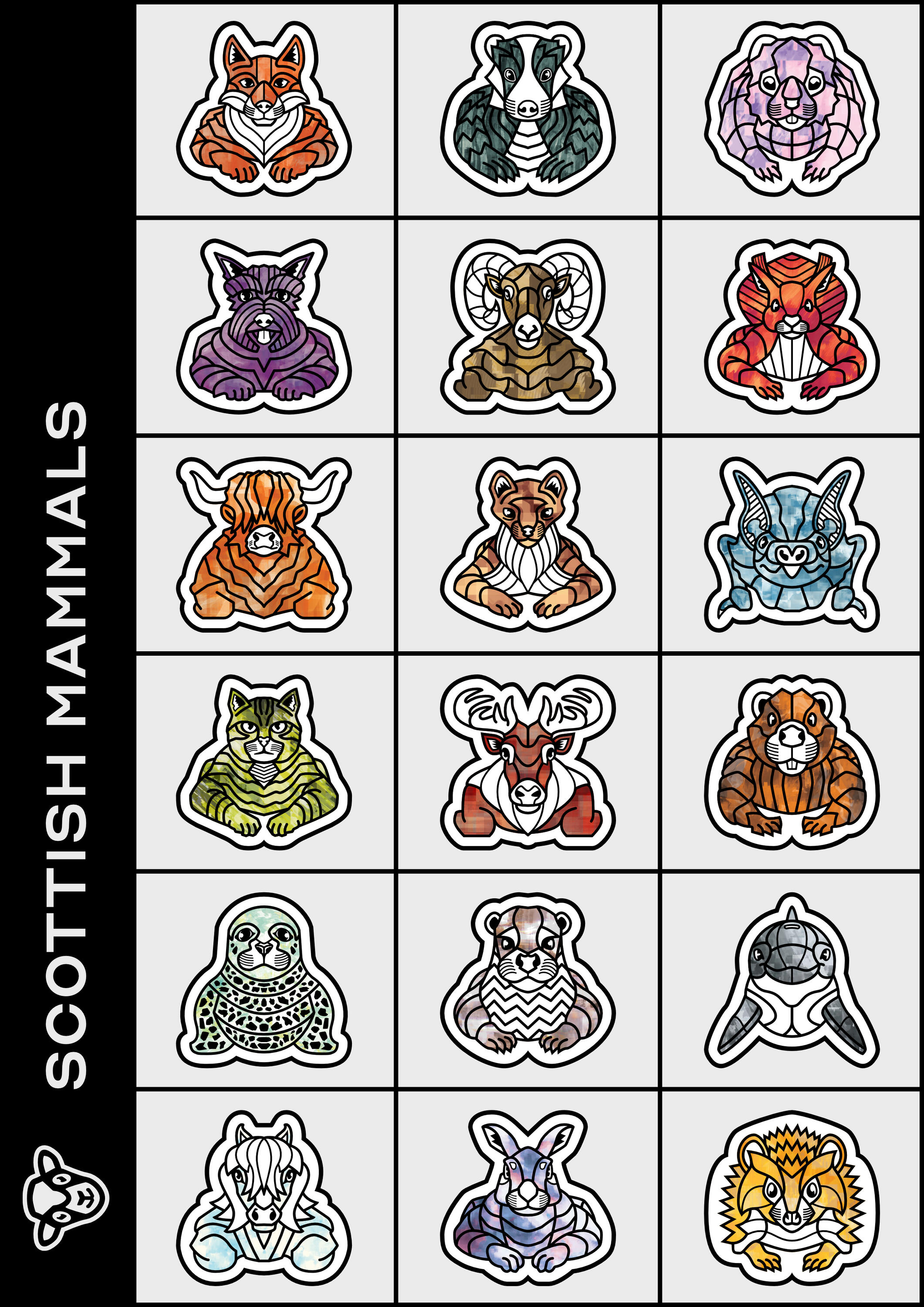All eighteen Scottish Mammal texture versions ©Clastic Artistic