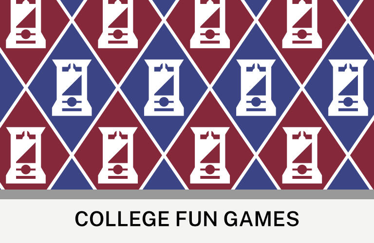 Images: A blue and red guillotine pattern from the Heads Off! card game. Text: College Fun Games ©College Fun Games
