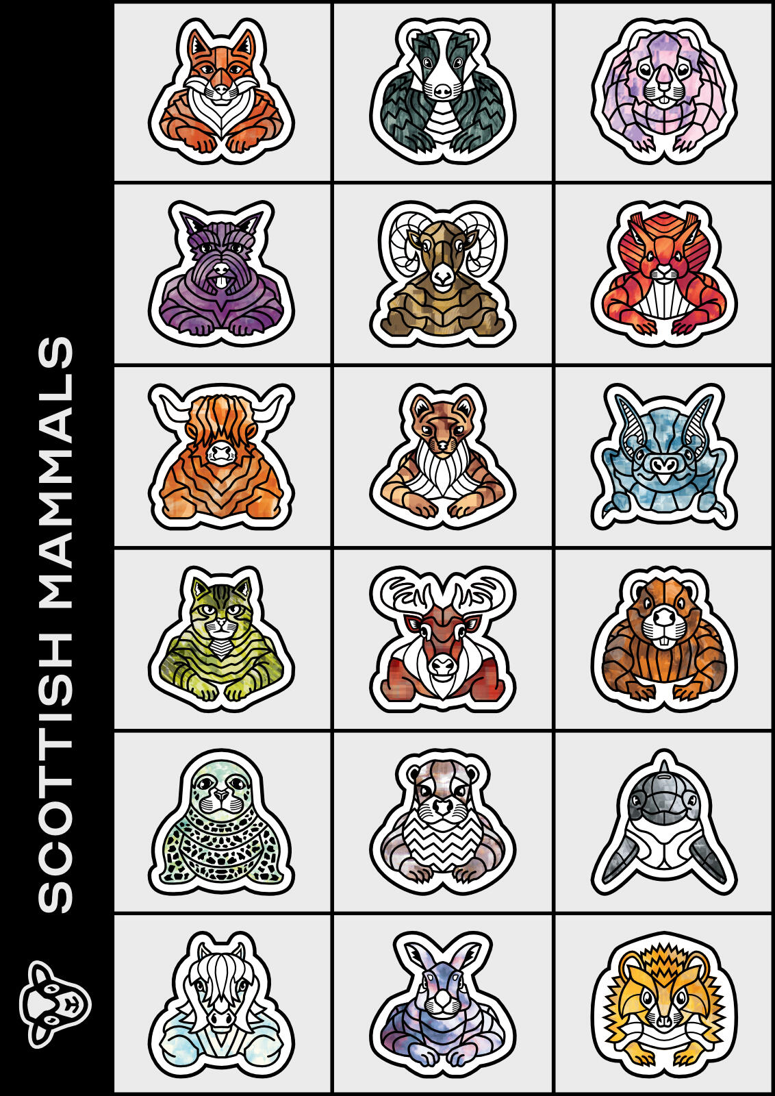 All eighteen Scottish Mammal texture versions ©Clastic Artistic