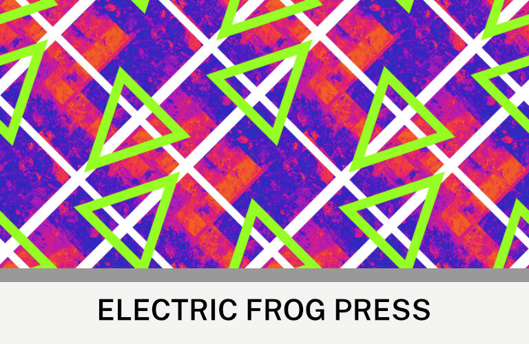 Image: Lime arrows and white lines on purple and orange. Text: Electric Frog Press ©Clastic Artistic