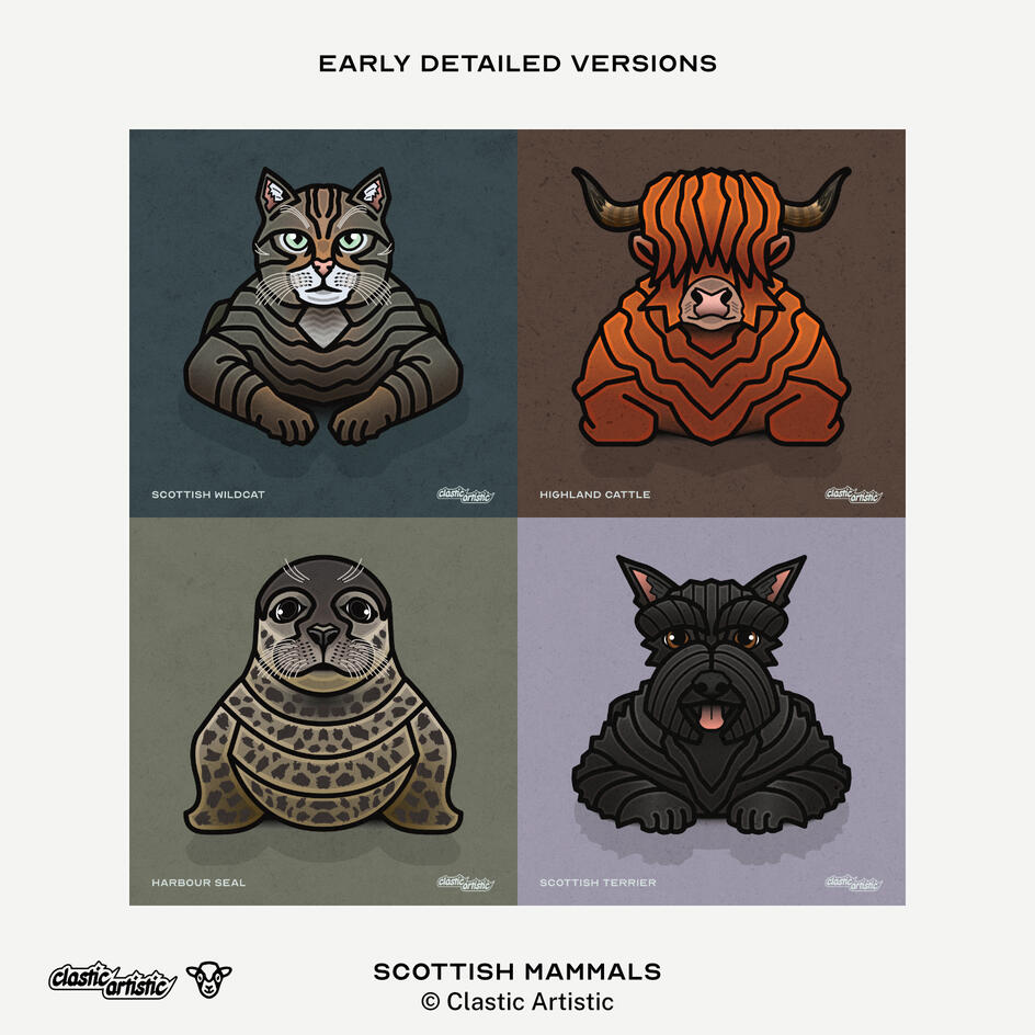 Image: Early versions of the Scottish Mammals. Top Left: Scottish Wildcat, Top Right: Highland Cattle, Bottom Left: Harbour Seal, Bottom Right: Scottish Terrier. ©Clastic Artistic