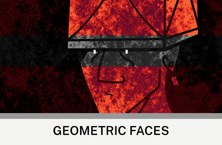 Images: A red face with a grey line over it. Text: Geometric Faces ©Clastic Artistic