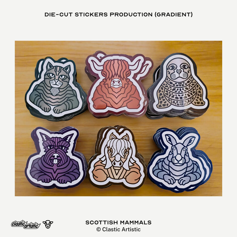 Image: Scottish Mammals designs printed as die-cut stickers. Top Left: Scottish Wildcat, Top Middle: Highland Cattle, Top Right: Harbour Seal, Bottom Left: Scottish Terrier, Bottom Middle: Shetland Pony, Bottom Right: Mountain Hare. ©Clastic Artistic