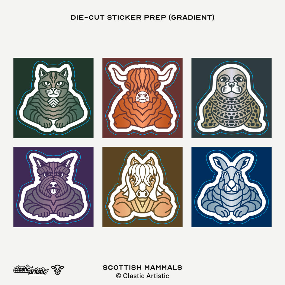 Image: Scottish Mammal designs ready for die-cut sticker printing. Top Left: Scottish Wildcat, Top Middle: Highland Cattle, Top Right: Harbour Seal, Bottom Left: Scottish Terrier, Bottom Middle: Shetland Pony, Bottom Right: Mountain Hare. ©Clastic Artistic