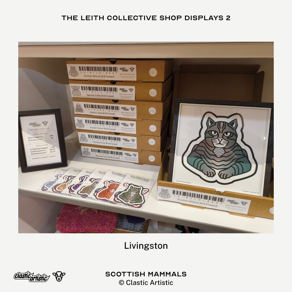 Images: Leith Collective retail displays in the former Livingston shop. Text: Clastic Artistic ©Clastic Artistic
