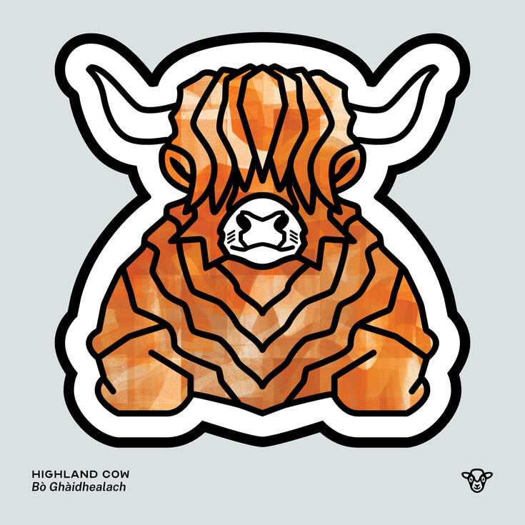 Stylised vector illustration of a Highland Cattle (Cow/Bull) with an orange and cream liquid texture facing towards the viewer, English text: Highland Cow, Scottish Gaelic text: Bò Ghàidhealach ©Clastic Artistic