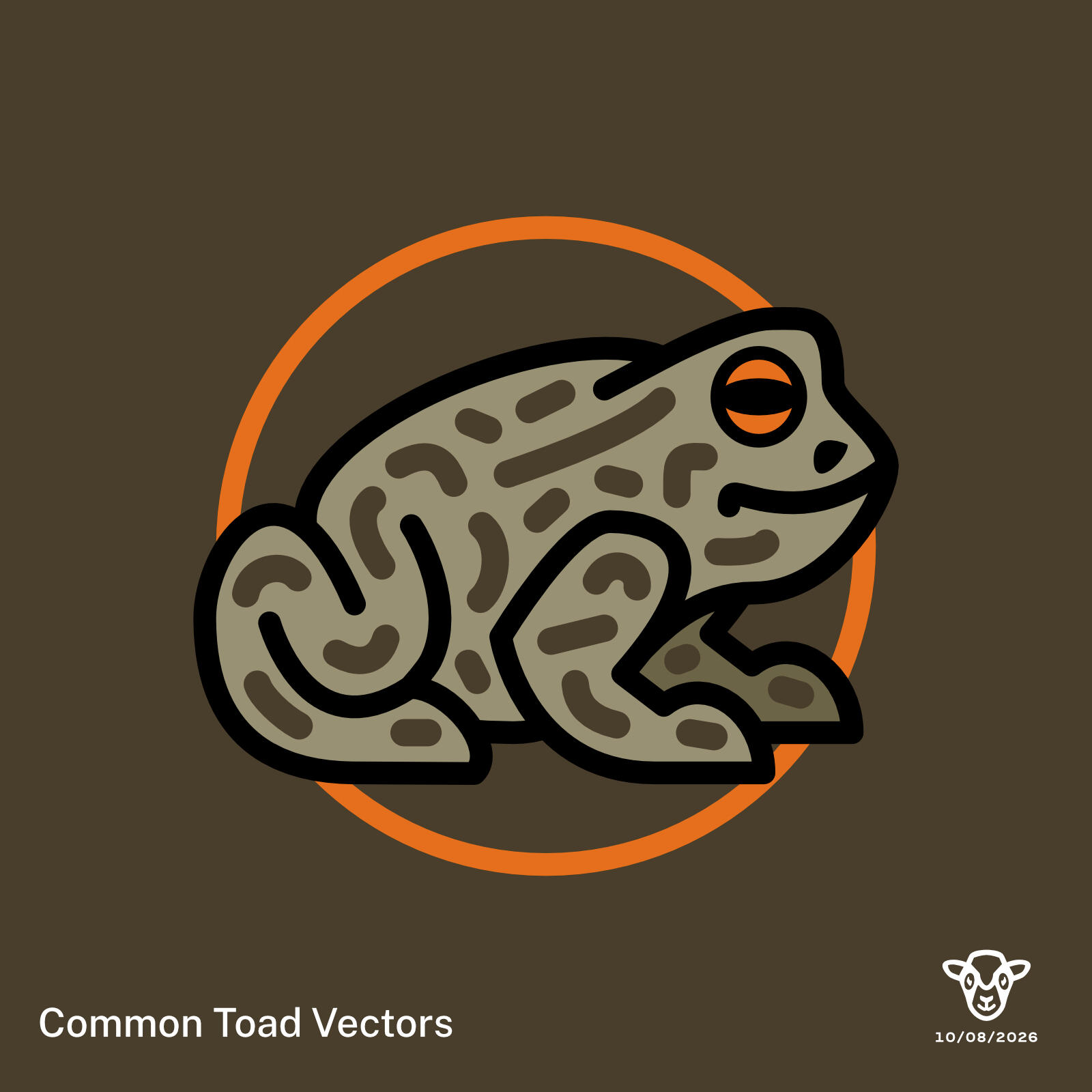 Image: A khaki toad illustration against a brown background with an orange circle, Text: Common Toad Vectors 10.08.2026. ©Clastic Artistic