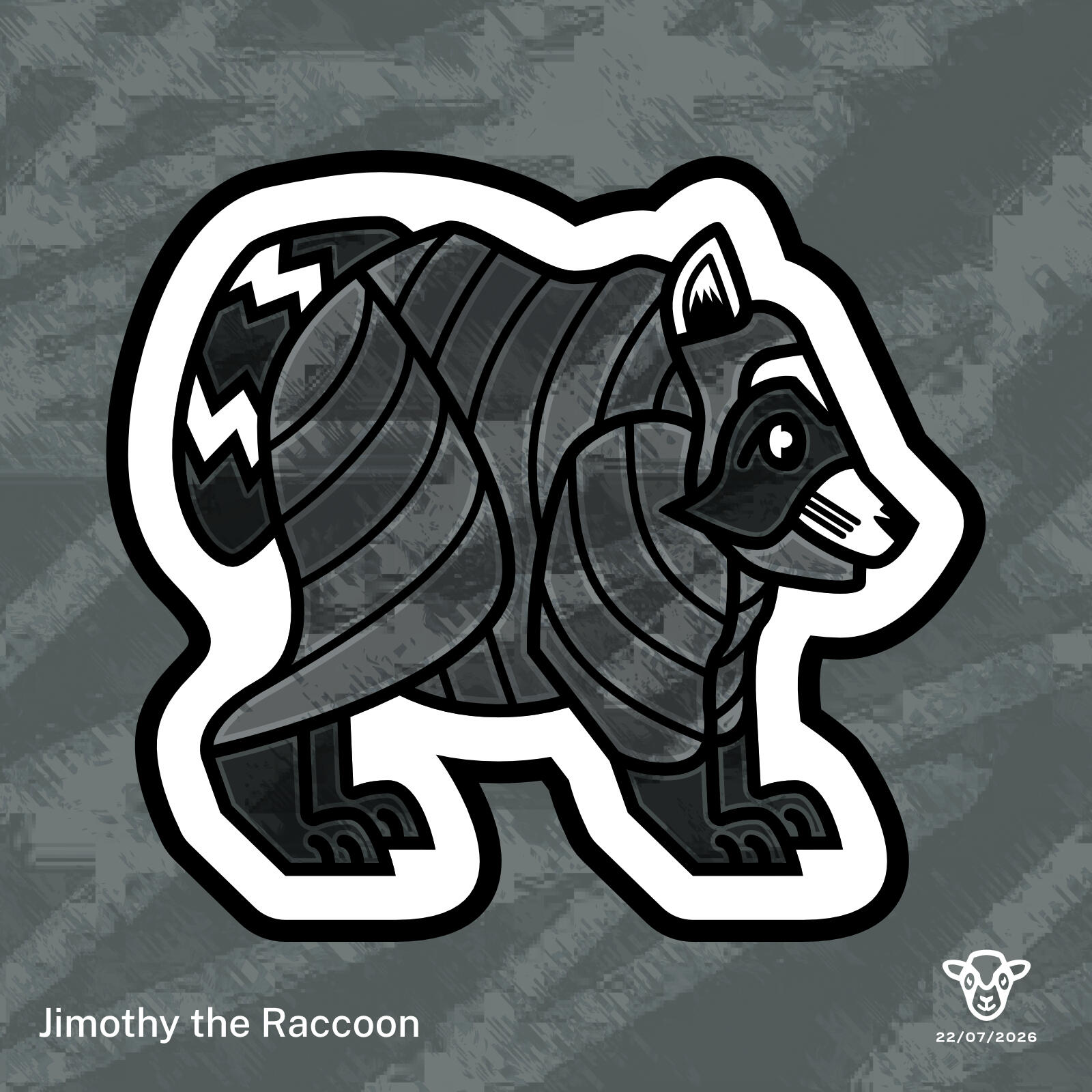 Image: A shortened raccoon illustration against a cold grey glitchy texture, Text: Jimothy the Raccoon 22.07.2026. ©Clastic Artistic