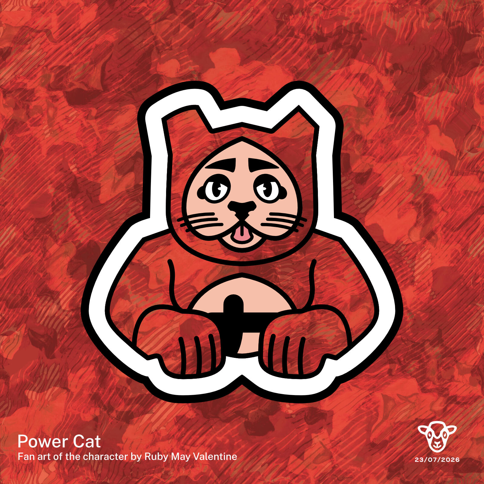 Image: A red cartoon cat against a red wavy texture, Text: Power Cat, Fan art of the character by Ruby May Valentine 23.07.2026. Fan art of the character by Ruby May Valentine
