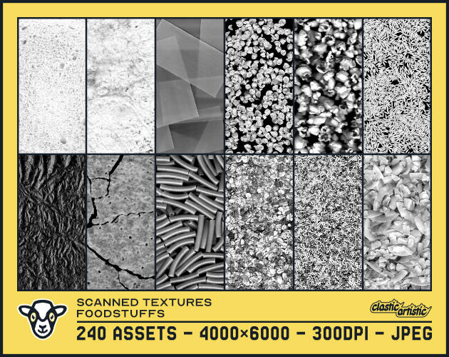 Scanned Textures Foodstuffs asset pack thumbnail. The image shows twelve examples of foodstuffs objects that have been scanned as textures. The text below reads: 240 Assets – 4000×6000 – 300dpi – JPEG