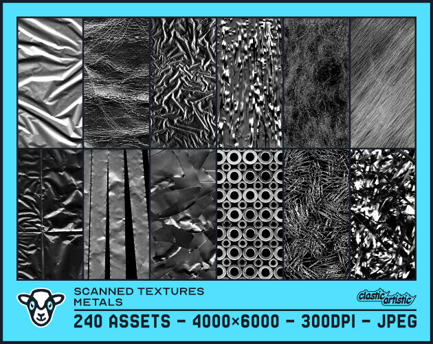 Scanned Textures Metals asset pack thumbnail. The image shows twelve examples of metal objects that have been scanned as textures. The text below reads: 240 Assets – 4000×6000 – 300dpi – JPEG