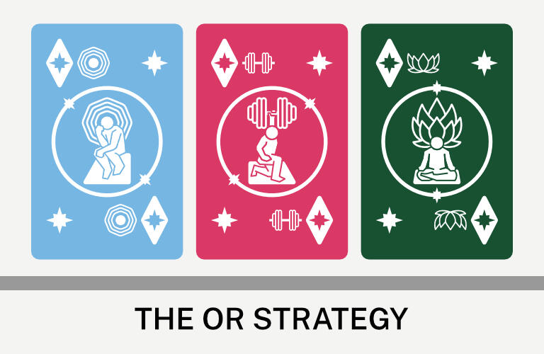 The OR Strategy Images: A blue card, a red card and a green card from the Ready to Roleyplay card game. Text: The OR Strategy. ©The OR Strategy