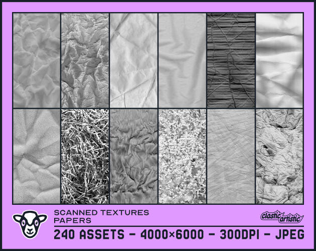 Scanned Textures - Papers Scanned Textures Papers asset pack thumbnail. The image shows twelve examples of paper objects that have been scanned as textures. The text below reads: 240 Assets – 4000×6000 – 300dpi – JPEG