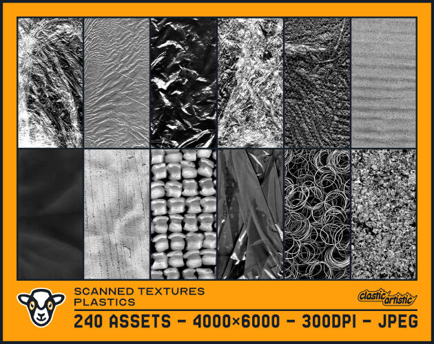Scanned Textures Plastics asset pack thumbnail. The image shows twelve examples of plastic objects that have been scanned as textures. The text below reads: 240 Assets – 4000×6000 – 300dpi – JPEG