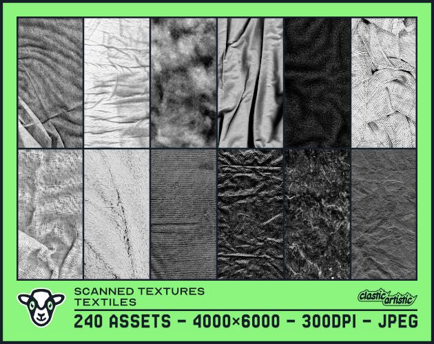 Scanned Textures Textiles asset pack thumbnail. The image shows twelve examples of textile objects that have been scanned as textures. The text below reads: 240 Assets – 4000×6000 – 300dpi – JPEG