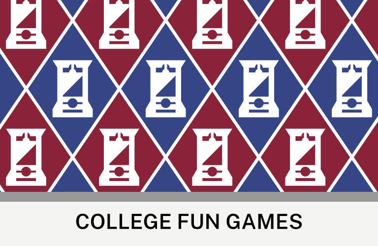 College Fun Games Images: A blue and red guillotine pattern from the Heads Off! card game. Text: College Fun Games ©College Fun Games