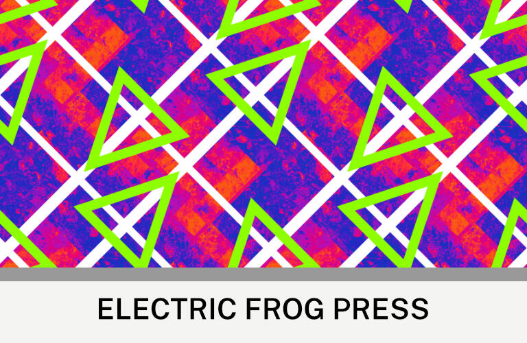 Electric Frog Press Image: Lime arrows and white lines on purple and orange. Text: Electric Frog Press ©Clastic Artistic