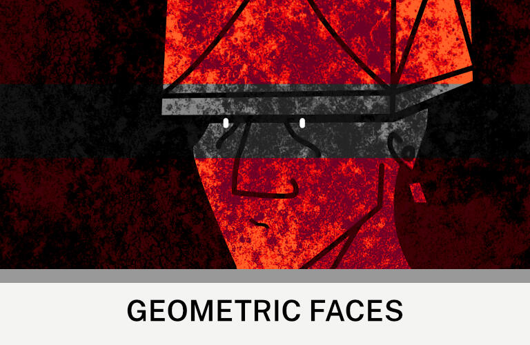 Geometric Faces Images: A red face with a grey line over it. Text: Geometric Faces ©Clastic Artistic